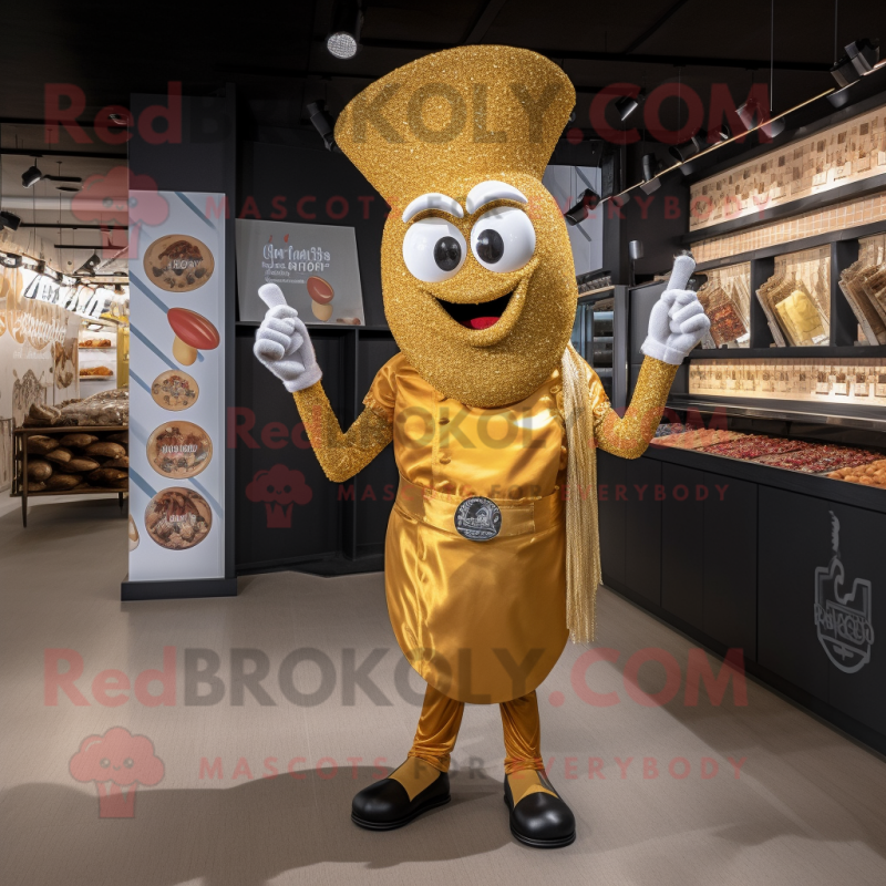Gold Paella mascot costume character dressed with a V-Neck Tee and Suspenders Gold Paella mascot costume character dressed with a V-Neck Tee and Suspenders