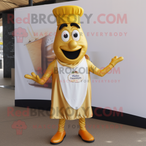 Gold Paella mascot costume character dressed with a V-Neck Tee and Suspenders