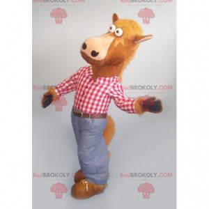 Brun hästmaskot med en rutig skjorta och jeans - Redbrokoly.com