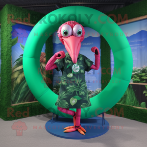 Forest Green Flamingo mascot costume character dressed with a Swimwear and Rings