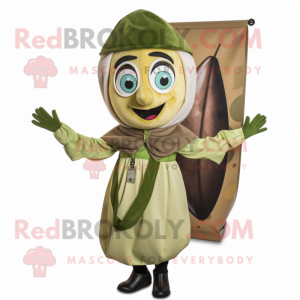 Olive Gyro mascot costume character dressed with a Blouse and Suspenders