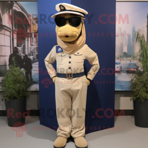 Beige Navy Soldier mascot costume character dressed with a Polo Tee and Scarf clips