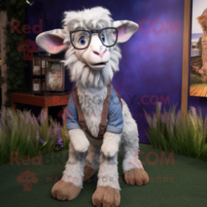 Lavender Angora Goat mascot costume character dressed with a Bootcut Jeans and Eyeglasses