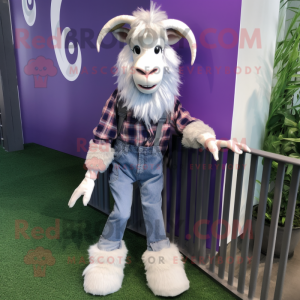 Lavender Angora Goat mascot costume character dressed with a Bootcut Jeans and Eyeglasses