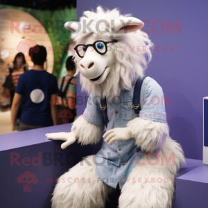 Lavender Angora Goat mascot costume character dressed with a Bootcut Jeans and Eyeglasses