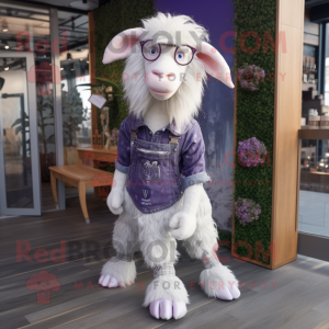 Lavender Angora Goat mascot costume character dressed with a Bootcut Jeans and Eyeglasses