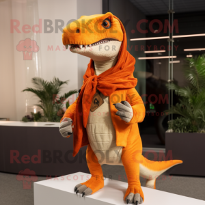 Orange Allosaurus mascot costume character dressed with a Skinny Jeans and Shawl pins