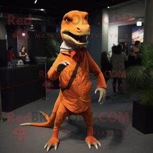 Orange Allosaurus mascot costume character dressed with a Skinny Jeans and Shawl pins