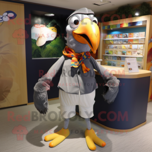 Gray Toucan mascot costume character dressed with a Culottes and Scarves