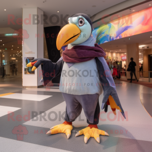 Gray Toucan mascot costume character dressed with a Culottes and Scarves