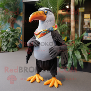 Gray Toucan mascot costume character dressed with a Culottes and Scarves