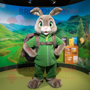 Green Wild Rabbit mascot costume character dressed with a Polo Tee and Backpacks