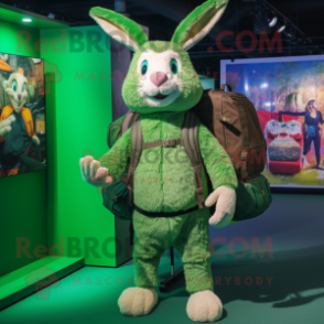 Green Wild Rabbit mascot costume character dressed with a Polo Tee and Backpacks