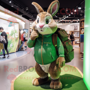 Green Wild Rabbit mascot costume character dressed with a Polo Tee and Backpacks
