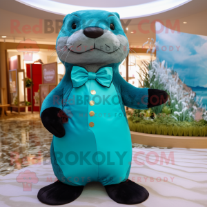 Turquoise Otter mascot costume character dressed with a Ball Gown and Bow ties