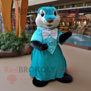 Turquoise Otter mascot costume character dressed with a Ball Gown and Bow ties