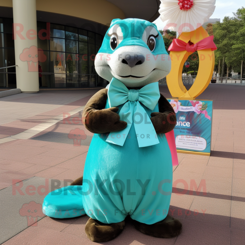 Turquoise Otter mascot costume character dressed with a Ball Gown and Bow ties Turquoise Otter mascot costume character dressed with a Ball Gown and Bow ties