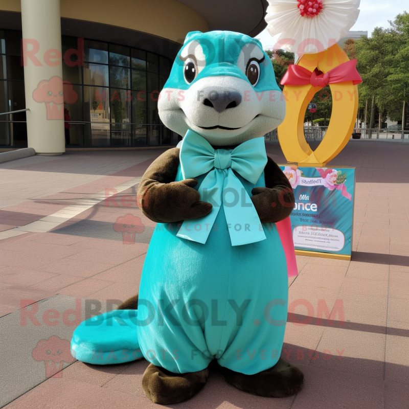 Turquoise Otter mascot costume character dressed with a Ball Gown and Bow ties