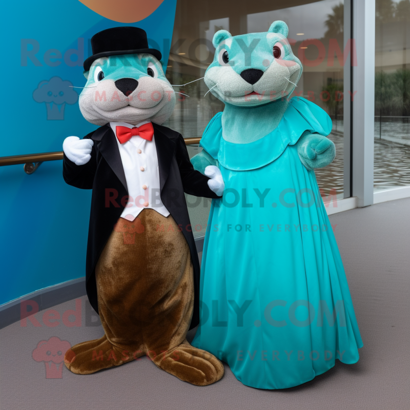 Turquoise Otter mascot costume character dressed with a Ball Gown and Bow ties Turquoise Otter mascot costume character dressed with a Ball Gown and Bow ties
