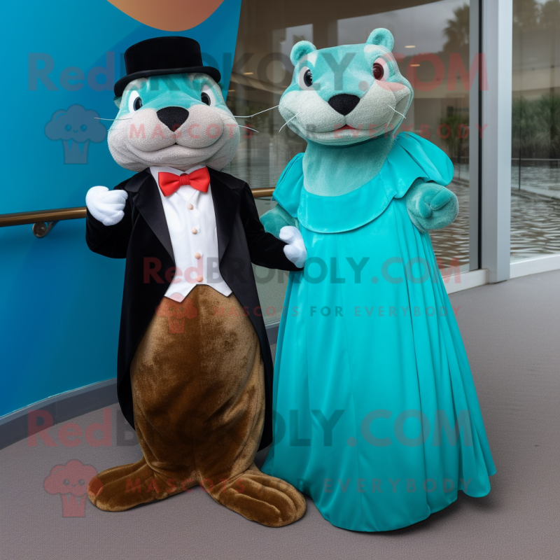 Turquoise Otter mascot costume character dressed with a Ball Gown and Bow ties