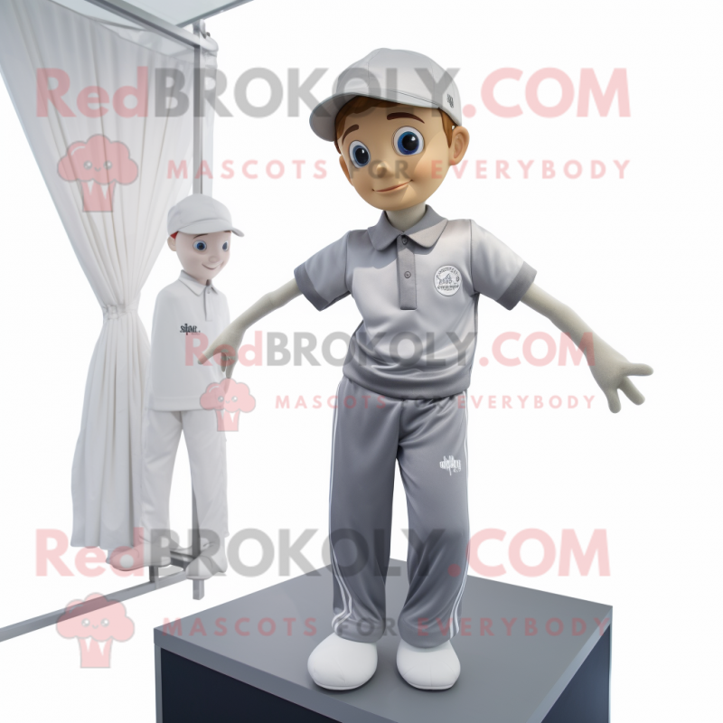 Silver Trapeze Artist mascot costume character dressed with a Polo Shirt and Caps Silver Trapeze Artist mascot costume character dressed with a Polo Shirt and Caps
