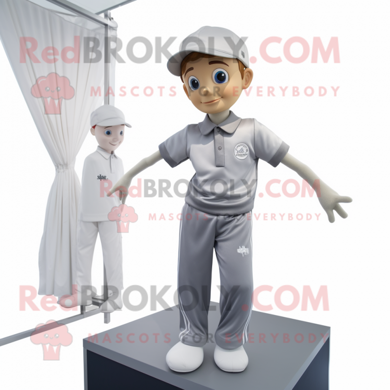 Silver Trapeze Artist mascot costume character dressed with a Polo Shirt and Caps