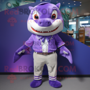 Purple Shark mascot costume character dressed with a Polo Tee and Bow ties