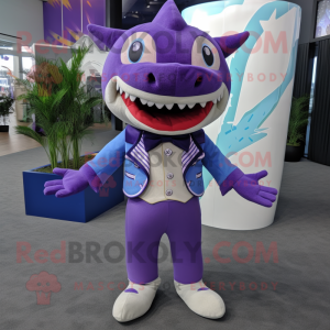 Purple Shark mascot costume character dressed with a Polo Tee and Bow ties