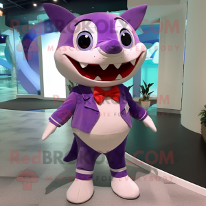 Purple Shark mascot costume character dressed with a Polo Tee and Bow ties