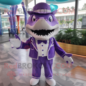 Purple Shark mascot costume character dressed with a Polo Tee and Bow ties