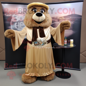 Brown Champagne mascot costume character dressed with a Dress Pants and Shawl pins