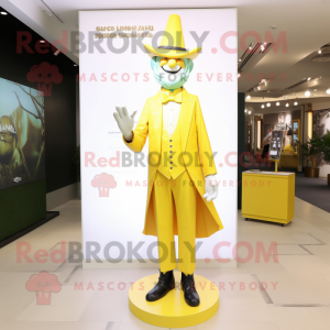 Lemon Yellow Magician mascot costume character dressed with a Trousers and Suspenders