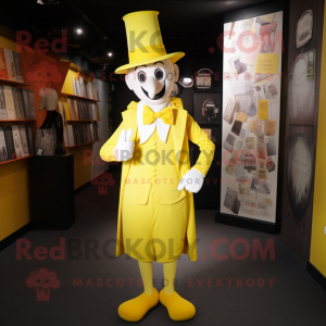 Lemon Yellow Magician mascot costume character dressed with a Trousers and Suspenders