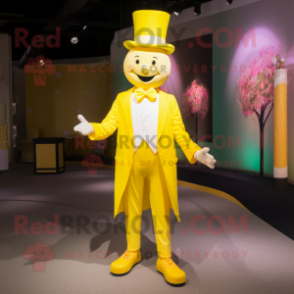 Lemon Yellow Magician mascot costume character dressed with a Trousers and Suspenders