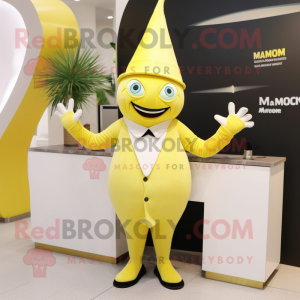 Lemon Yellow Magician mascot costume character dressed with a Trousers and Suspenders