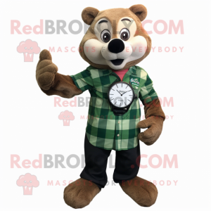 Green Mongoose mascot costume character dressed with a Flannel Shirt and Digital watches