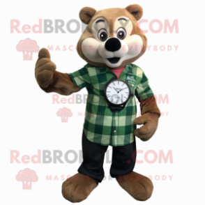 Green Mongoose mascot costume character dressed with a Flannel Shirt and Digital watches