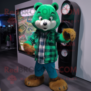 Green Mongoose mascot costume character dressed with a Flannel Shirt and Digital watches