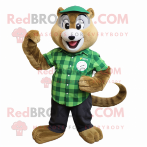 Green Mongoose mascot costume character dressed with a Flannel Shirt and Digital watches