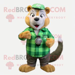 Green Mongoose mascot costume character dressed with a Flannel Shirt and Digital watches