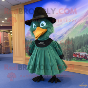 Green Blackbird mascot costume character dressed with a Mini Skirt and Hat pins