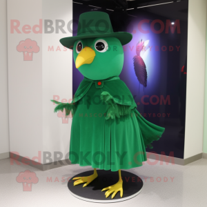 Green Blackbird mascot costume character dressed with a Mini Skirt and Hat pins