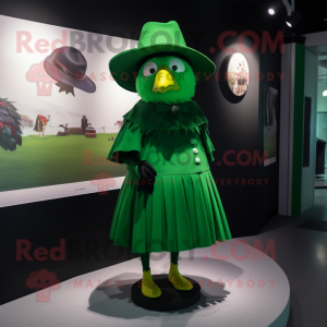 Green Blackbird mascot costume character dressed with a Mini Skirt and Hat pins