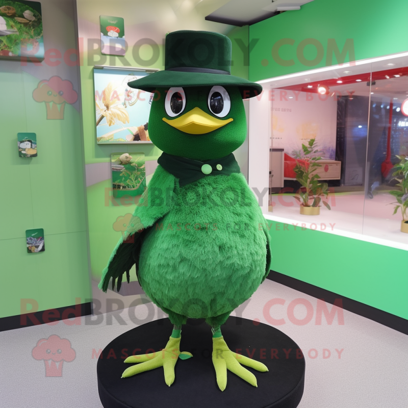 Green Blackbird mascot costume character dressed with a Mini Skirt and Hat pins Green Blackbird mascot costume character dressed with a Mini Skirt and Hat pins