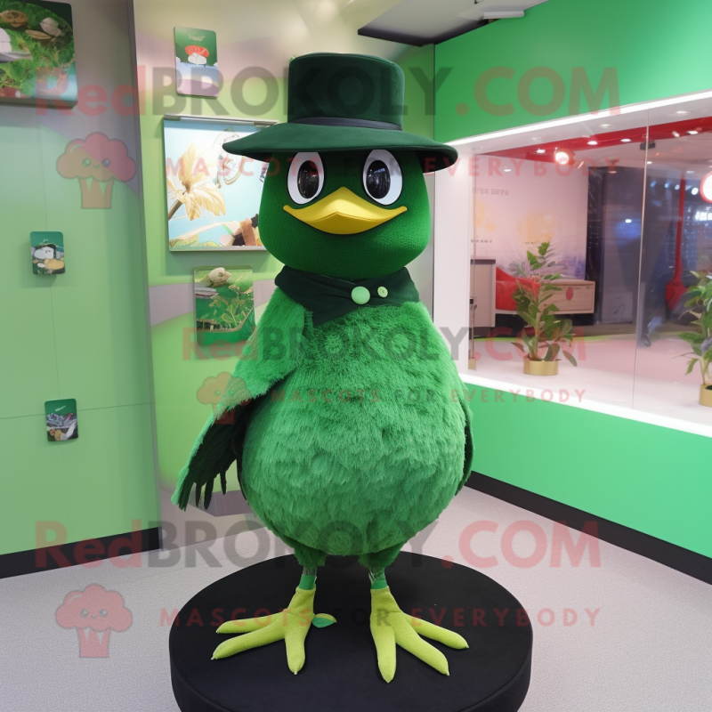 Green Blackbird mascot costume character dressed with a Mini Skirt and Hat pins