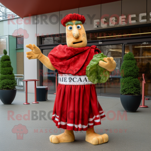 Red Caesar Salad mascot costume character dressed with a Empire Waist Dress and Earrings