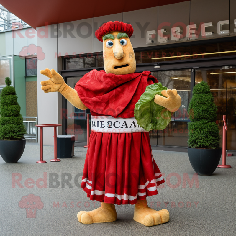 Red Caesar Salad mascot costume character dressed with a Empire Waist Dress and Earrings Red Caesar Salad mascot costume character dressed with a Empire Waist Dress and Earrings