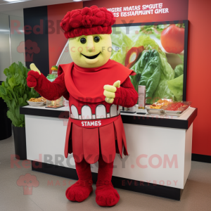Red Caesar Salad mascot costume character dressed with a Empire Waist Dress and Earrings