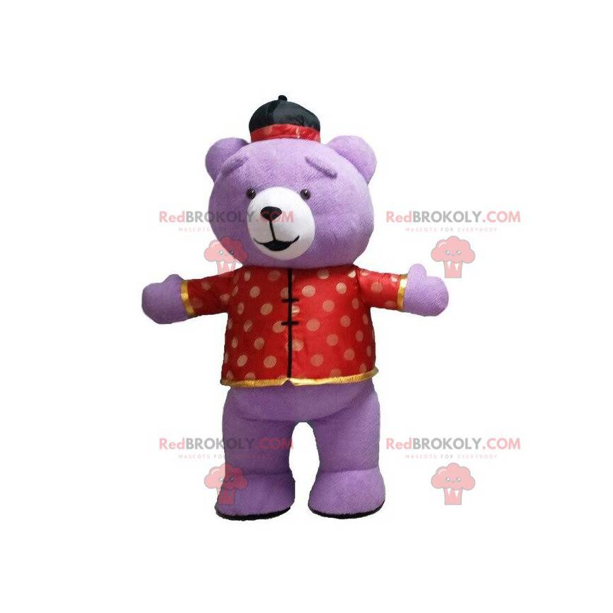 Mascotte orso viola in abito asiatico, costume gonfiabile -