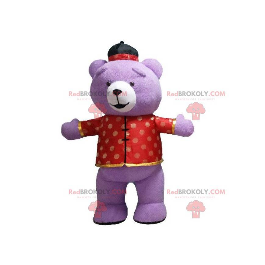 Maskot fialového medvěda v asijském oblečení, nafukovací kostým